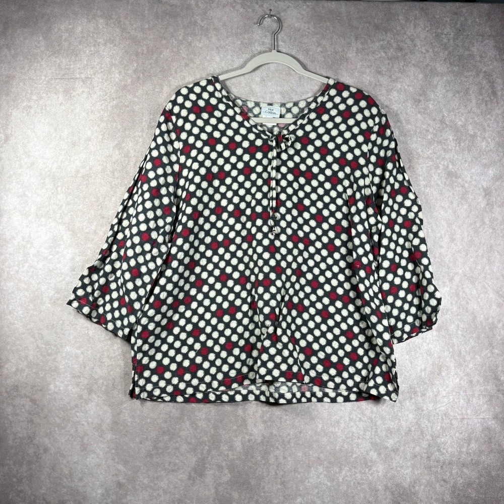 Hot Cotton‎ Top Womens Size XL Multicolor Polka Dot Linen Blend Tie Neck Artsy